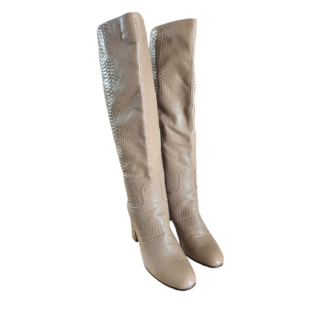 DUSAKA Nude Crocodile-Embossed Block Heel Knee High Boots Sz 10